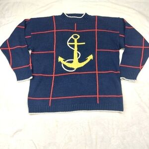 QUISSETT COVE WOMEN'S VINTAGE NAUTICAL ANCHOR WINDOWPANE PLAID SWEATER SIZE XL